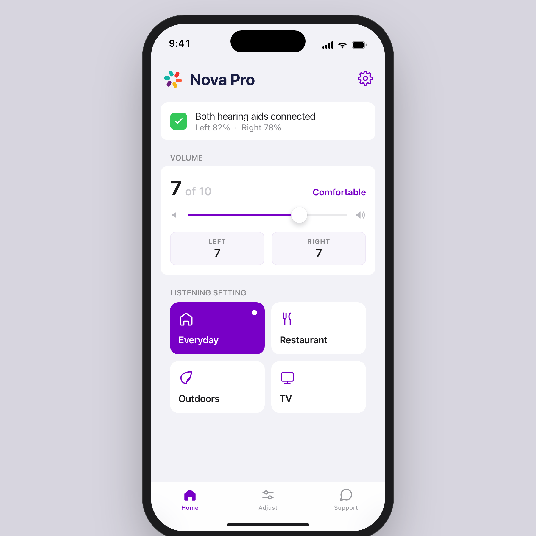 Nova Pro companion app on a phone: adjust volume per ear and switch listening settings