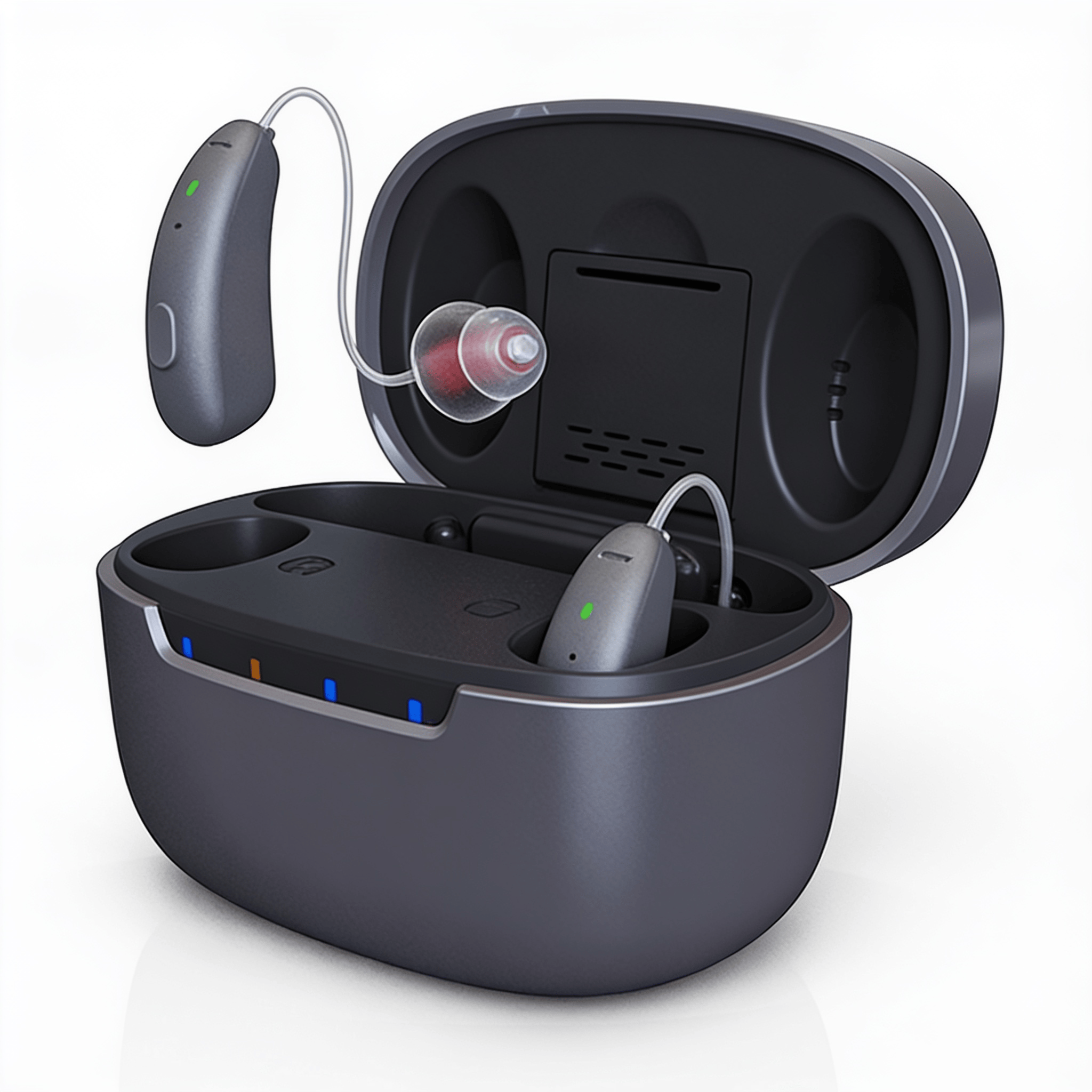 Nova Pro hearing aids resting in the open 3-in-1 charging case with power bank