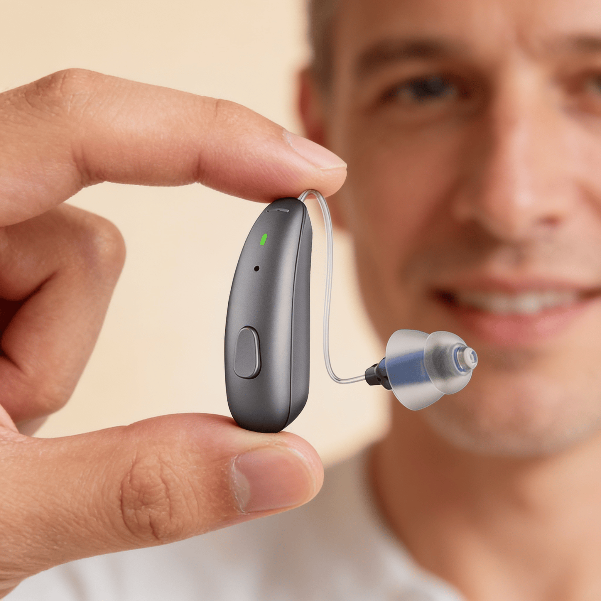 Nova Pro receiver-in-canal hearing aid held in hand showing its small discreet size