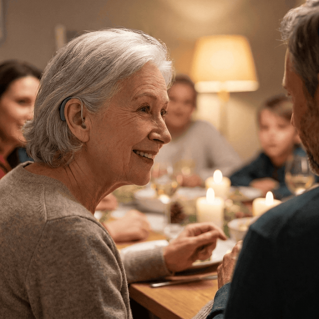 Senior woman wearing a small charcoal Nova Pro hearing aid, smiling in conversation at a warm family dinner