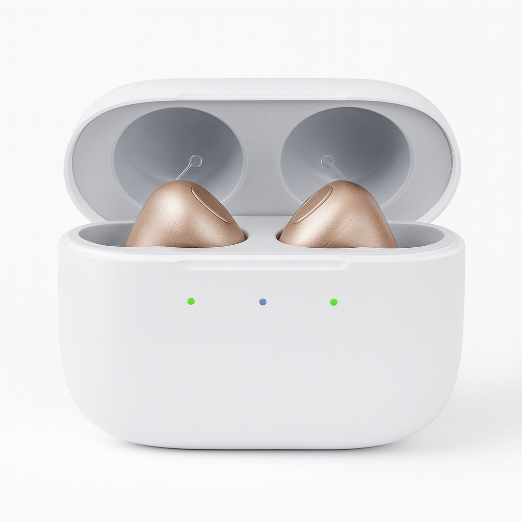 Nova hearing aids resting inside open charging case img-best hide