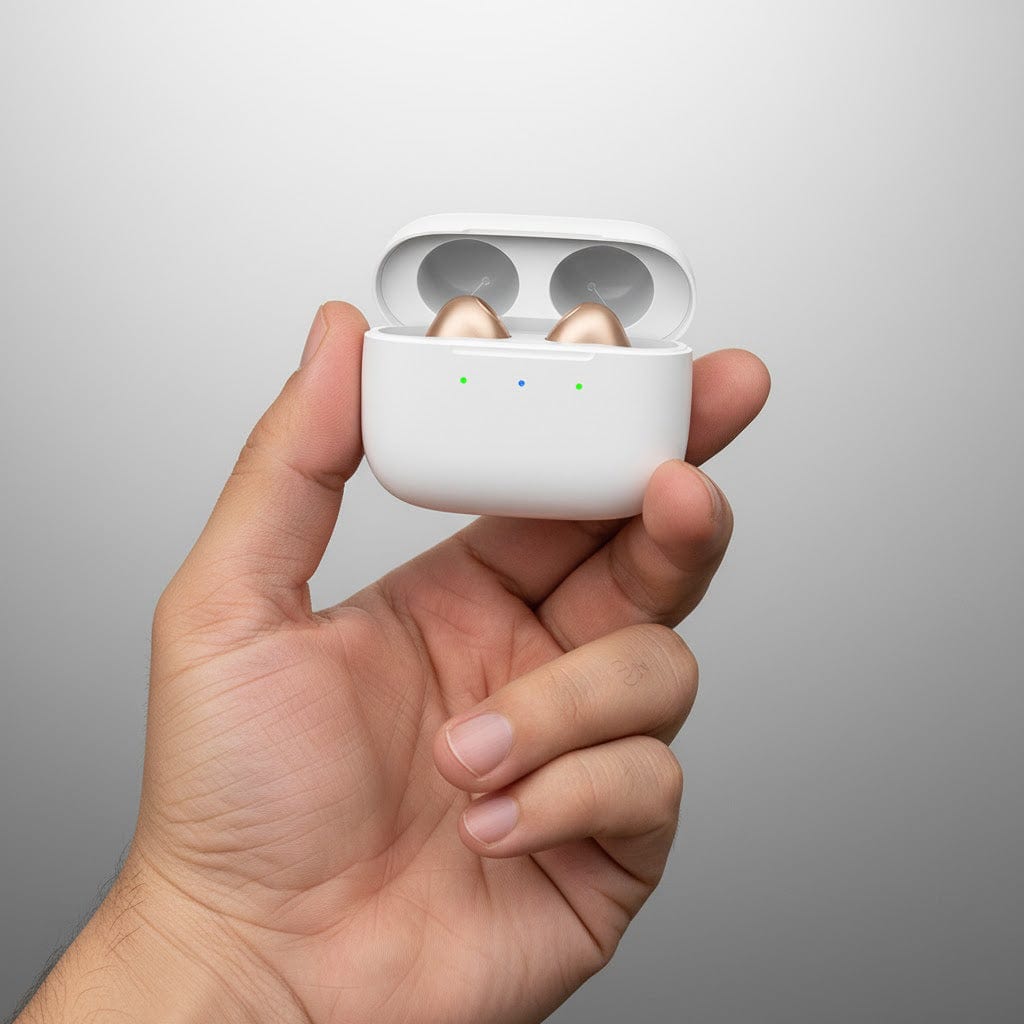 Hand holding Nova hearing aids inside portable charging case img-1