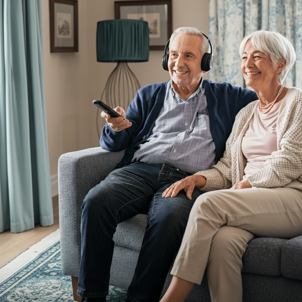 Senior couple sitting on a couch wearing wireless TV listening headphones, enjoying clear television sound together at home