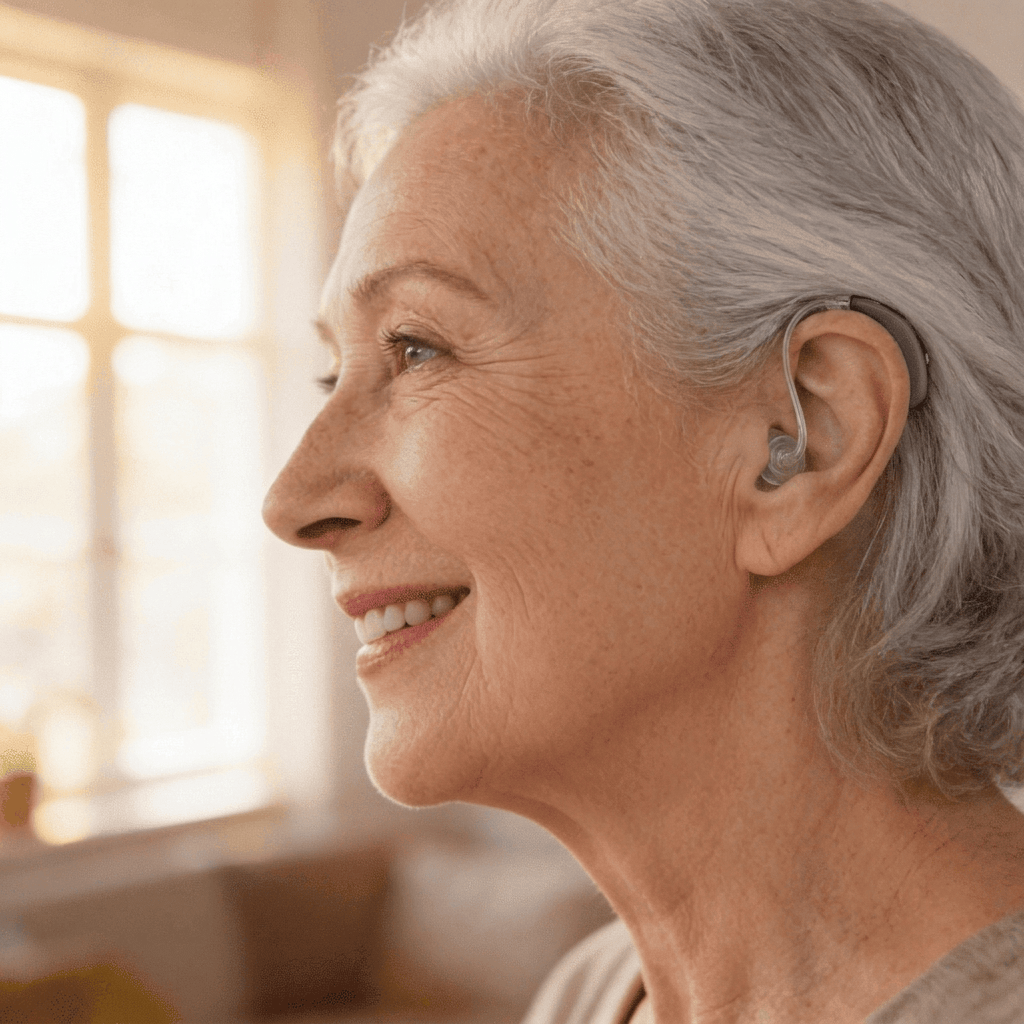 Close view of a woman wearing a small, discreet charcoal Nova Pro receiver-in-canal hearing aid tucked behind the ear