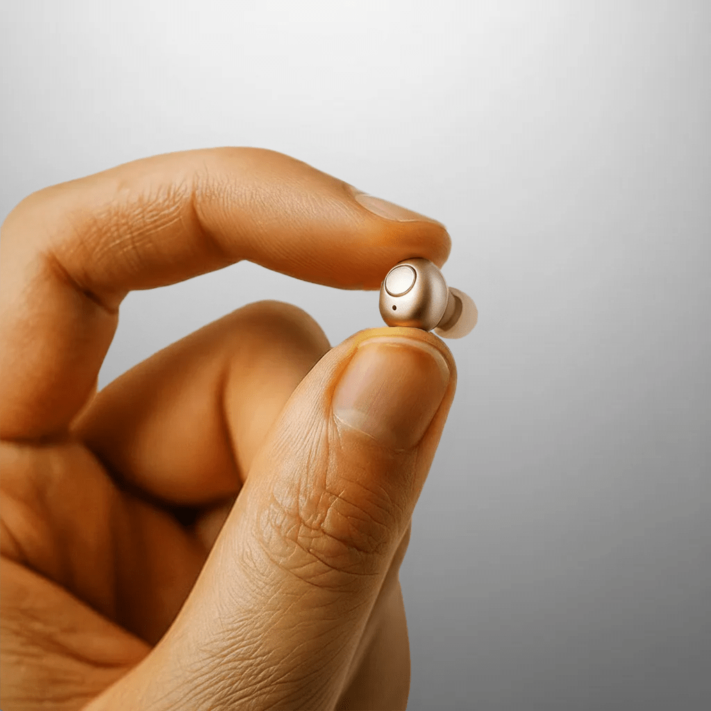 Nova hearing aid held between fingers showing compact size img-4